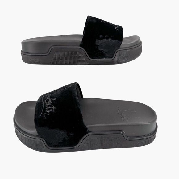 Christian Louboutin 'Navy Pool' Slide Sandals Size 37 US 7 Black Velvet Logo - Picture 8 of 12